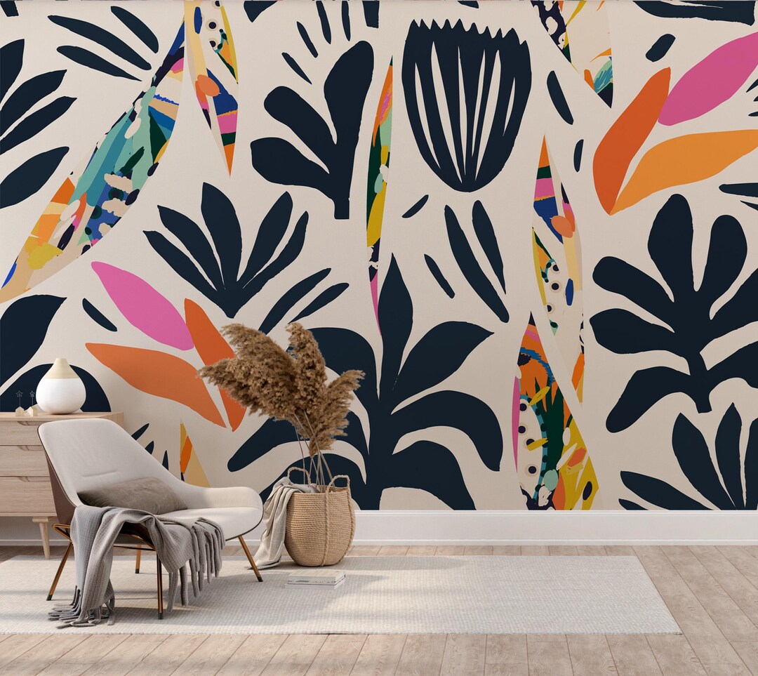 Colorful Tropical Leaves Mural, Wallpaper Peel and Stick and ...