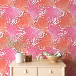 Tropisches Palmenschale und Stick Wandbild Tapete, Palmenblätter Selbstklebendes Wandtattoo, Abnehmbares Dekor Pink Jungle