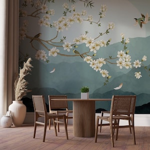 Chinoiserie Floral Blossom Wallpaper, Chinoiserie Birds and Flowers, Soft Pastel Background, Elegant Botanical Wall Mural