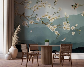 Chinoiserie blommig tapet, Chinoiserie fåglar och blommor, mjuk pastellbakgrund, elegant botanisk väggmålning