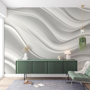 Elegante carta da parati liscia con onde, moderna carta da parati geometrica Boho 3D grigia bianca con onde autoadesive in vinile rimovibile per la decorazione della casa del bagno