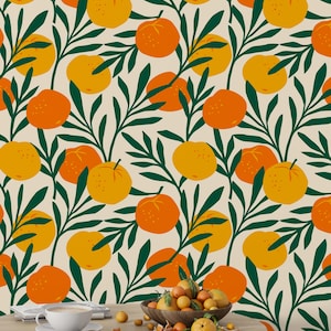 Papel tapiz vintage de color naranja, papel tapiz retro de cítricos franceses, despegable y adhesivo, papel tapiz para cocina