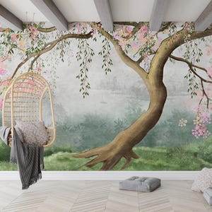 Tree Wallpaper, Flowering Tree with Willow Branches Wallpaper, Blossoming Tree Bedroom Wallpaper Mural, Peel and Stick Wallpaper