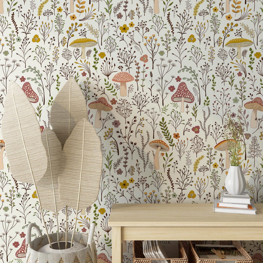Whimsical Toile Mushroom Wallpaper: Botanical Woodland Cottagecore ...