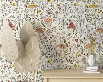 Whimsical Toile Mushroom Wallpaper: Botanical Woodland Cottagecore Mural, Peel and Stick, Pre-Pasted, Unpasted, Seamless