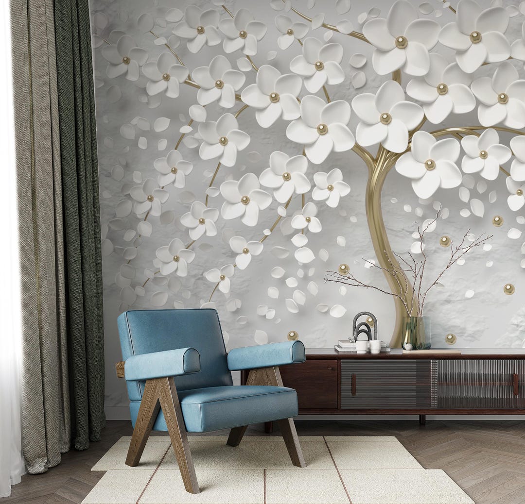 3D Look Tree Wallpaper, White Flowers Wallpaper, Flowers Tree Wall ...