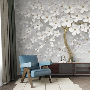 3D Baum Wallpaper: Weiße Blumen Blumen Wandbild, kundenspezifische Größen