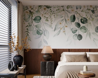 Green Eucalyptus Peel and Stick Wallpaper, Leaves and Branches Removable Wall, Floral Leaf Self Adhesive Wall
