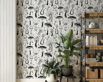 Papel pintado vintage de setas, papel pintado botánico de setas y hierbas, autoadhesivo vintage, estampado de setas, mural de pared removible
