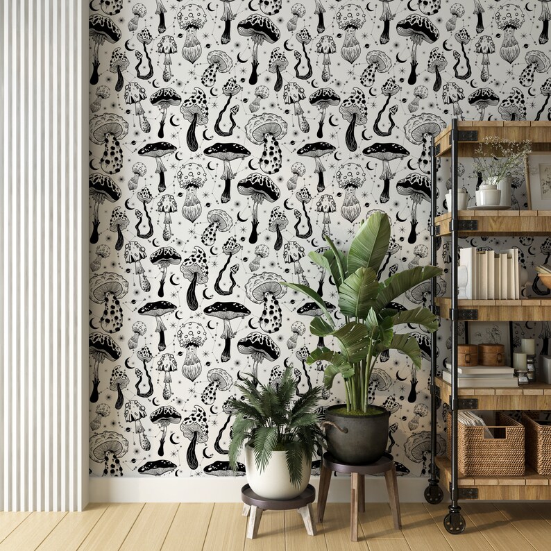 Vintage Mushrooms Wallpaper, Mushrooms and Herbs Botanical Wallpaper ...