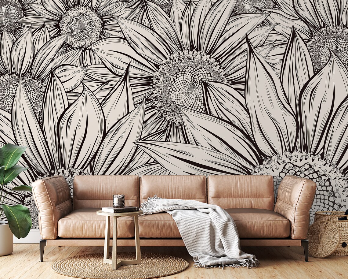 3D Sunflower Wallpaper, Floral Wall Mural, Sketch Wall Decor, Hand ...