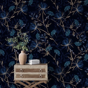 Dark garden night monotone Wallpaper, Seamless Floral Wall Art, Peel and Stick Removable Wallpaper, Navy Background, Whimsical Wallpaper #71