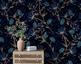 Monotoon behang donkere tuinnacht, naadloze bloemenmuurkunst, verwijderbaar behang met Peel-and-Stick, marineblauwe achtergrond, grillig behang #71