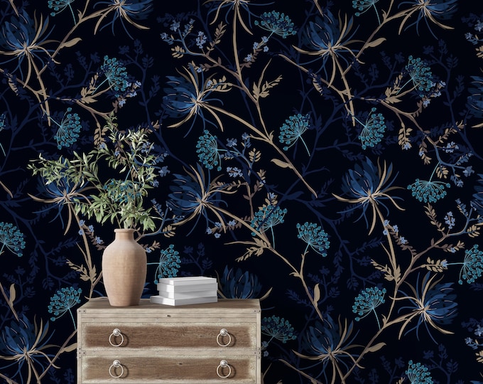 Dark Garden Wallpaper, Floral Wall Art, Peel and Stick Removable ...