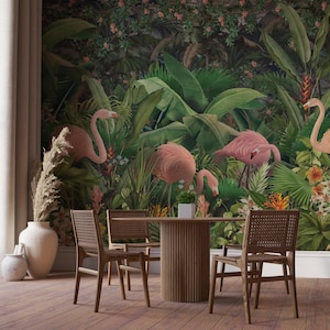 Flamingo tropische jungle muurmuurschildering, verwijderbaar zelfklevend wild behang, exotisch muurdecor, muurschildering tropisch woud flamingo