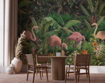 Flamingo Tropical Jungle Wall Mural, Removable Self-Adhesive Wild Wallpaper, Exotic Wall Decor, tropical forest flamingo Mural