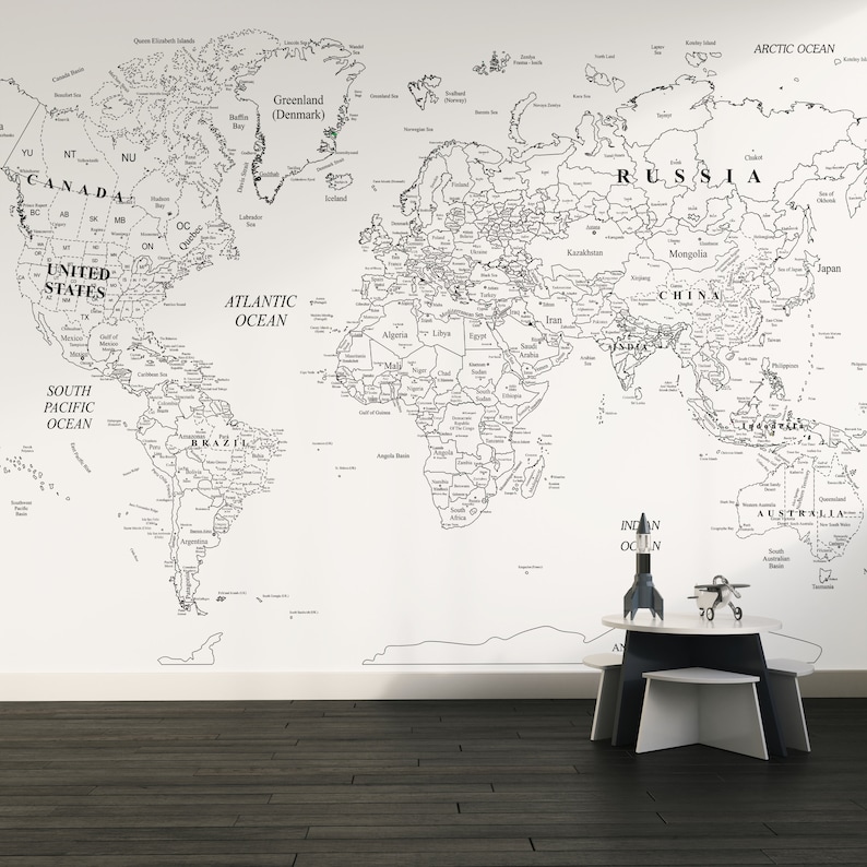 World Map Wallpaper, Black and White Detailed World Map Wall Mural ...