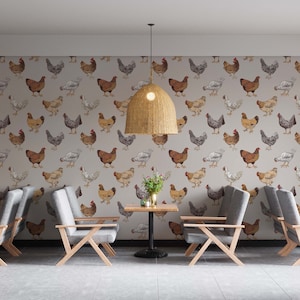 May include: A dining room with a light gray wall featuring a repeating pattern of brown and white chickens. The room has a woven pendant light hanging over a table with four gray chairs.