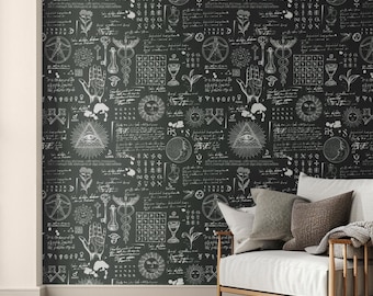 Dark Gothic Wallpaper, Skull Wallpaper Peel and Stick, Mystic Symbols,Dark,Ravens Bats and Plants, Removable, Peel and Stick Wall Mural #225