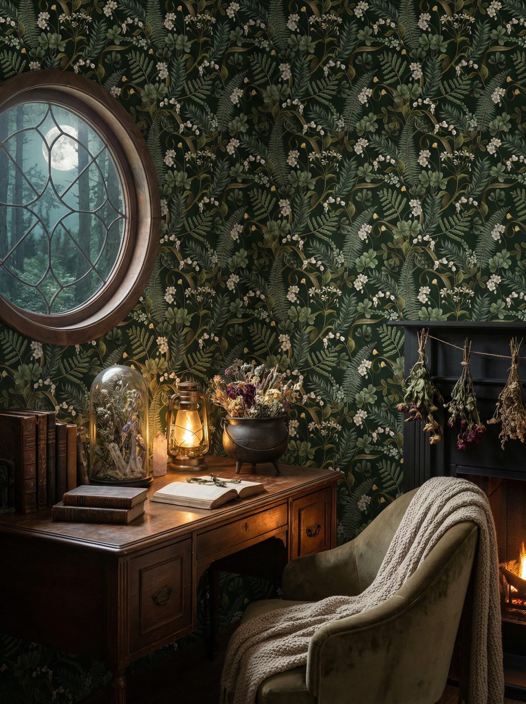 Botanical Green Floral Wallpaper, Vintage Wildflowers Mural for Living ...