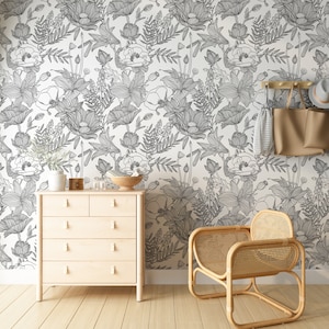 Boho Blumen Handzeichnung Tapete, Schälen und Aufkleben Tapete, Abnehmbare Tapete, Blumen Schwarz und Weiß Tapete, Wandkunst