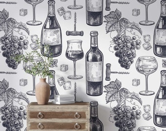 Plum Grape Wine Wallpaper, Wine Decor Wallpaper, Vine Removable Peel and Stick Wallpaper, Bar Wallpaper, Bistro Wine List, Chateau Wet Bar