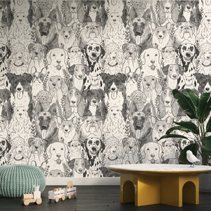 Black and white dog wallpaper, removable wallpaper, Dog wallpaper, pet wallpaper, groomer puppy wallpaper, dog theme nursery wallpaper