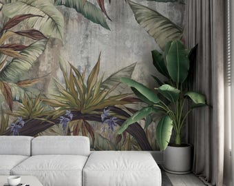 Vintage wallpaper, palm tropical forest, jungle pattern mural, peel and stick, self adhesive, wall decor, Removable Wallpaper