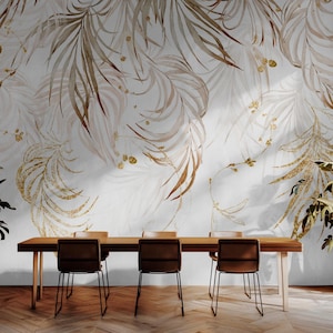 Carta da parati Boho Palm Leaves, decorazione murale moderna tropicale staccabile e adesiva, carta da parati beige con motivo di foglie di palma tropicali, murale con motivo a foglie