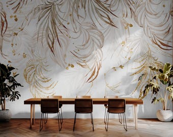 Boho Palmenblätter Tapete, modernes tropisches Wanddekor, Tropische Palmenblätter Muster Beige Tapete, Blattmuster Wandbild