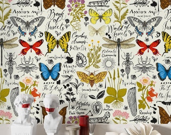 Retro vintage wallpaper with insects and inscriptions, butterflies pattern, handwritten inscriptions, peel and stick wallpaper, removable