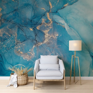 Carta da parati con texture in marmo acrilico blu, carta da parati artistica moderna, carta da parati astratta turchese, carta da parati tradizionale rimovibile