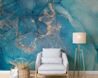 Blue Acrylic Marble Texture Wallpaper, Modern Art Wallpaper, Abstract Turquoise Wallpaper, Traditional Wallpaper Removable