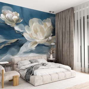 Papier peint fleurs de pivoine, papier peint floral blanc, décoration murale amovible, oeuvre d'art moderne autocollant, peinture murale florale imperméable