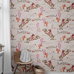 Carta da parati vintage Western Cowgirl Peel and Stick, carta da parati rosa Cowgirl Western, decorazione della stanza Wild West Mural Cactus, decorazione da parete Rodeo