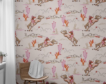 Vintage Western Cowgirl Peel and Stick Wallpaper, Pink Cowgirl Wallpaper Western, Room Decor Wild West Mural Cactus, Wall Art Rodeo Decor