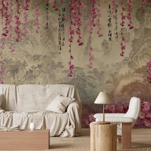 桜の壁画、日本の桜の花の壁紙、春に咲く剥がして貼る壁紙、取り外し可能な壁紙水彩画