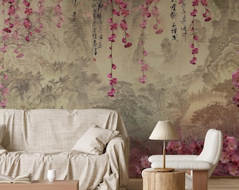 Cherry Blossom Mural, Japanese Sakura Flowers Wallpaper, Blooming in Spring Peel and Stick Wallpaper Removable Wallpaper Watercolor