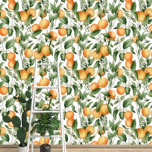 Nature Orange Wallpaper, Orange flower wallpaper, Vintage removable wallpaper, Branches and Green Leaves, Bright Fruit Print Wallpaper