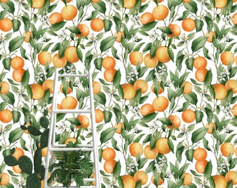 Nature Orange Wallpaper, Orange flower wallpaper, Vintage removable wallpaper, Branches and Green Leaves, Bright Fruit Print Wallpaper