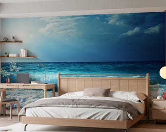 Papel de Parede Praia Marítima, Adesivo Removível para Parede com Tema de Praia, Litoral e Pôr do Sol, Decoração Moderna para Paredes com Tema Costeiro e Fotos de Pôr do Sol.