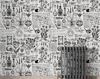 Medicine Themed Wallpaper, Medicine Herbal Wallpaper, Mystic Symbols Wallpaper, Peel and Stick, Removable, Apothecary Retro Wallpaper