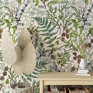 Botanische Tapete Farn und Pflanzen Schälen und Aufkleben Tapete, Farne Botanische Tapete, Kräutergrün Wohnkultur, Wohnzimmer Wandbild
