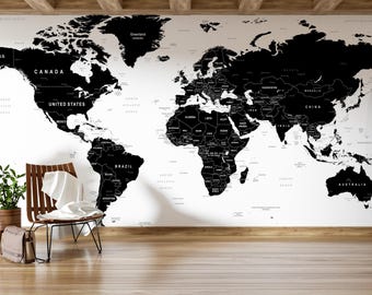 Dark World Map Wallpaper Peel and Stick, Office Wallpaper, Removable Wallpaper, Political World Map Wallpaper