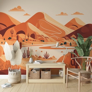 Carta da parati con dune di sabbia, carta da parati con deserto, carta da parati con cactus, murale con tramonto astratto sulle montagne, carta da parati panoramica n. 63
