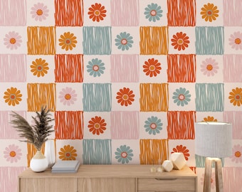 Mid Century Floral Wallpaper, Funky Flower Wallpaper, Retro Floral Mural, Colorful Daisy Self-adhesive Wall covering, Whimsical Retro Mural
