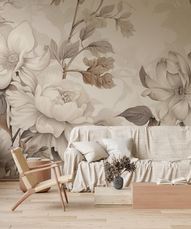 Neutral Minimalist Peony Mural, Self Adhesive, Large Scale Wallpaper ...