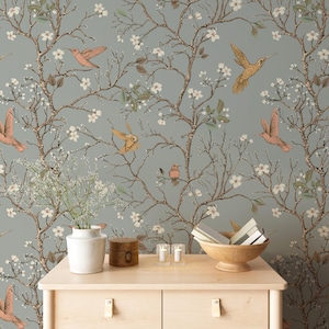 Birds and Branches Mural, Chinoiserie Wallpaper, Wallpaper Vintage, Bird and Trees Wallpaper Peel and Stick