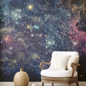 Outer Space Galaxy Mural, Night Sky Stars Self Adhesive Nursery Solar System Art Fabric Wallpaper, Custom Sizes Mural