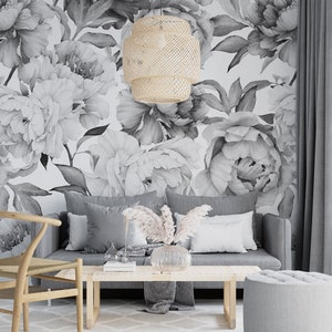 Black and White Peony Flowers, Peonies Floral Murals, Modern Background Wallpaper, Self Adhesive, Peel and Stick, Home Wall Decoration #41